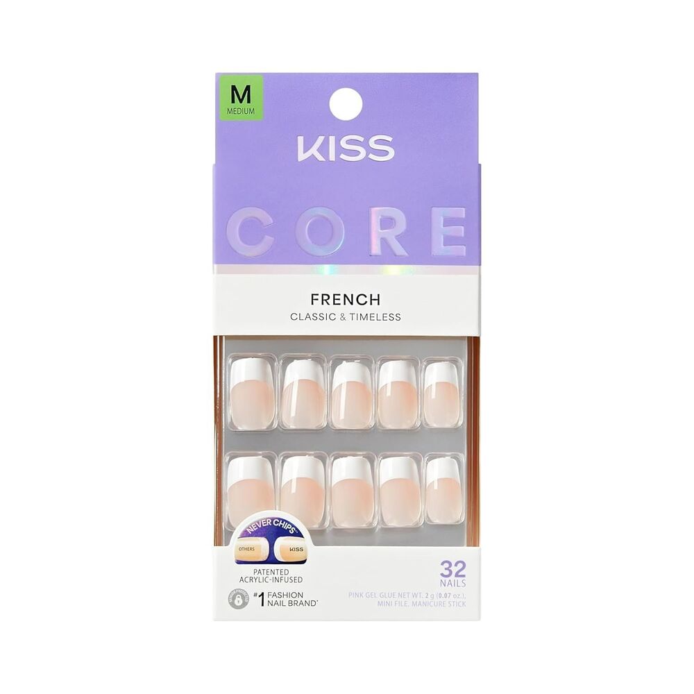 KISS Core Press On Nails French Hopeful MEDIUM Squoval 32 Nails White Glue Kit